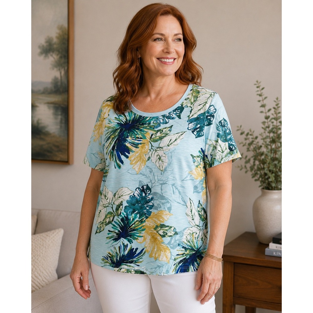 Chico's T-Shirt Womens Large Blue Green Floral Tropical‎ Slub Knit Short Sleeve
